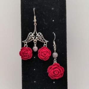 Assymmetrical Flocked Red Rose Earrings